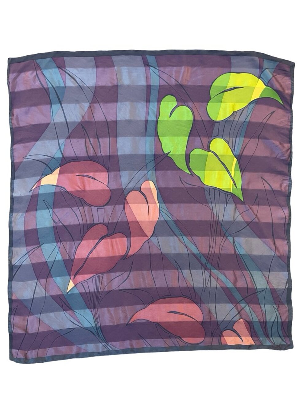 Marja Kurki Abstract Floral Silk Feel Scarf Purple Blue Hand Rolled 33 x 34 - Picture 5 of 8